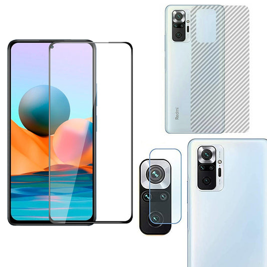 Combo Pack of Tempered Glass Screen Protector, Carbon Fiber Back Sticker, Camera lens Clear Glass Bundel for Redmi Note 10
