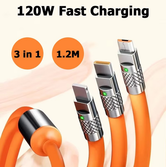 3-in-1 Fast Charging 6A 120W USB Type-C Cable – Multi USB A to Type-C, Micro USB & Lightning Charger Cord for iPhone, Samsung, Huawei, Xiaomi – Durable OD6.0 Braided Data Sync Cable