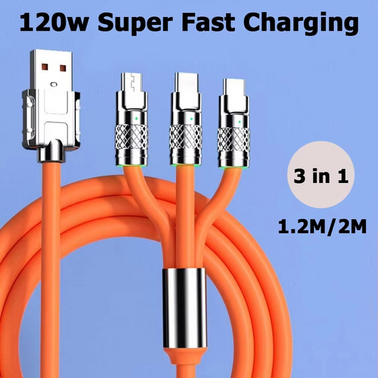 3-in-1 Fast Charging 6A 120W USB Type-C Cable – Multi USB A to Type-C, Micro USB & Lightning Charger Cord for iPhone, Samsung, Huawei, Xiaomi – Durable OD6.0 Braided Data Sync Cable