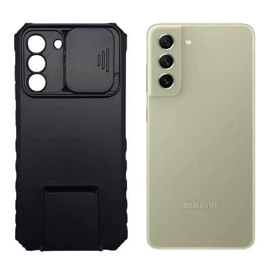 Samsung S21 FE Phone Case Heavy Duty Shockproof Slide Camera Lens Protector Built in Kickstand Ring Holder Black