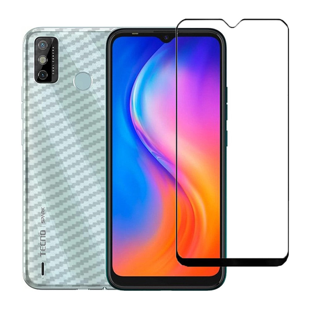 Combo Pack of Tempered Glass Screen Protector, Carbon Fiber Back Sticker, Camera lens Clear Glass Bundel for Techno Spark 6 Go