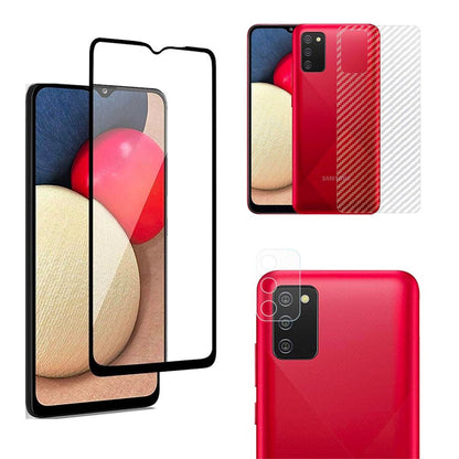 Combo Pack of Tempered Glass Screen Protector, Carbon Fiber Back Sticker, Camera lens Clear Glass Bundel for Samsung A02s / A03s / M02s