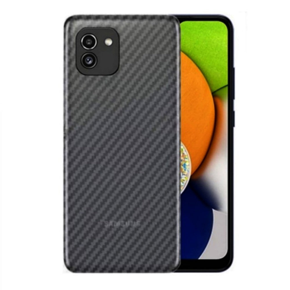 Combo Pack of Tempered Glass Screen Protector, Carbon Fiber Back Sticker, Camera lens Clear Glass Bundel for Samsung Galaxy A03