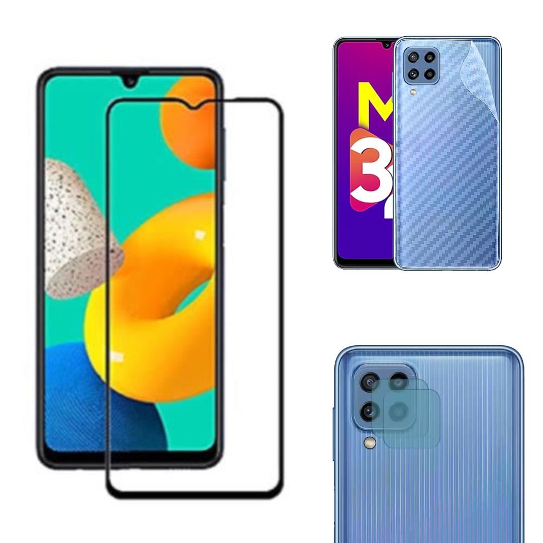 Combo Pack of Tempered Glass Screen Protector, Carbon Fiber Back Sticker, Camera lens Clear Glass Bundle for Samsung M32