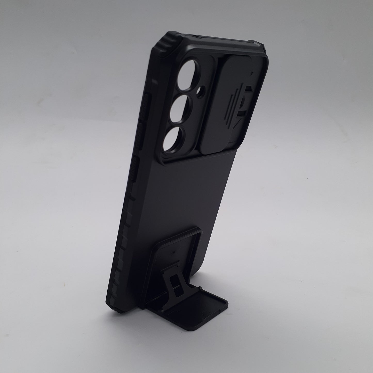 Samsung S23 FE Shockproof Case Sliding Camera Cover Ring Stand Holder Heavy Duty Protection Black Phone Cover