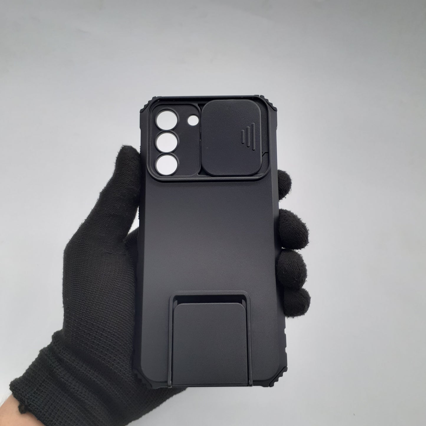 Samsung S21 FE Phone Case Heavy Duty Shockproof Slide Camera Lens Protector Built in Kickstand Ring Holder Black
