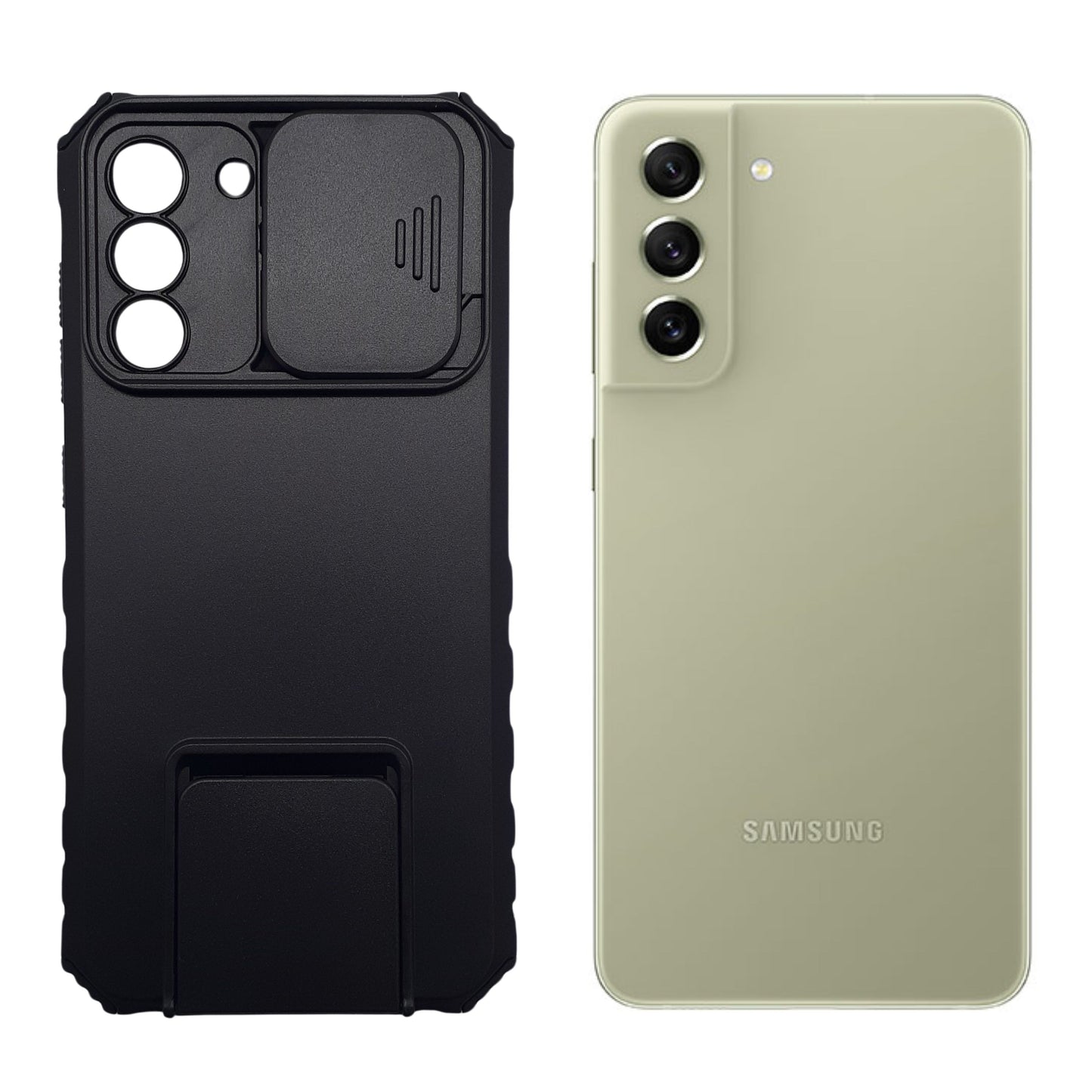 Samsung S21 FE Phone Case Heavy Duty Shockproof Slide Camera Lens Protector Built in Kickstand Ring Holder Black