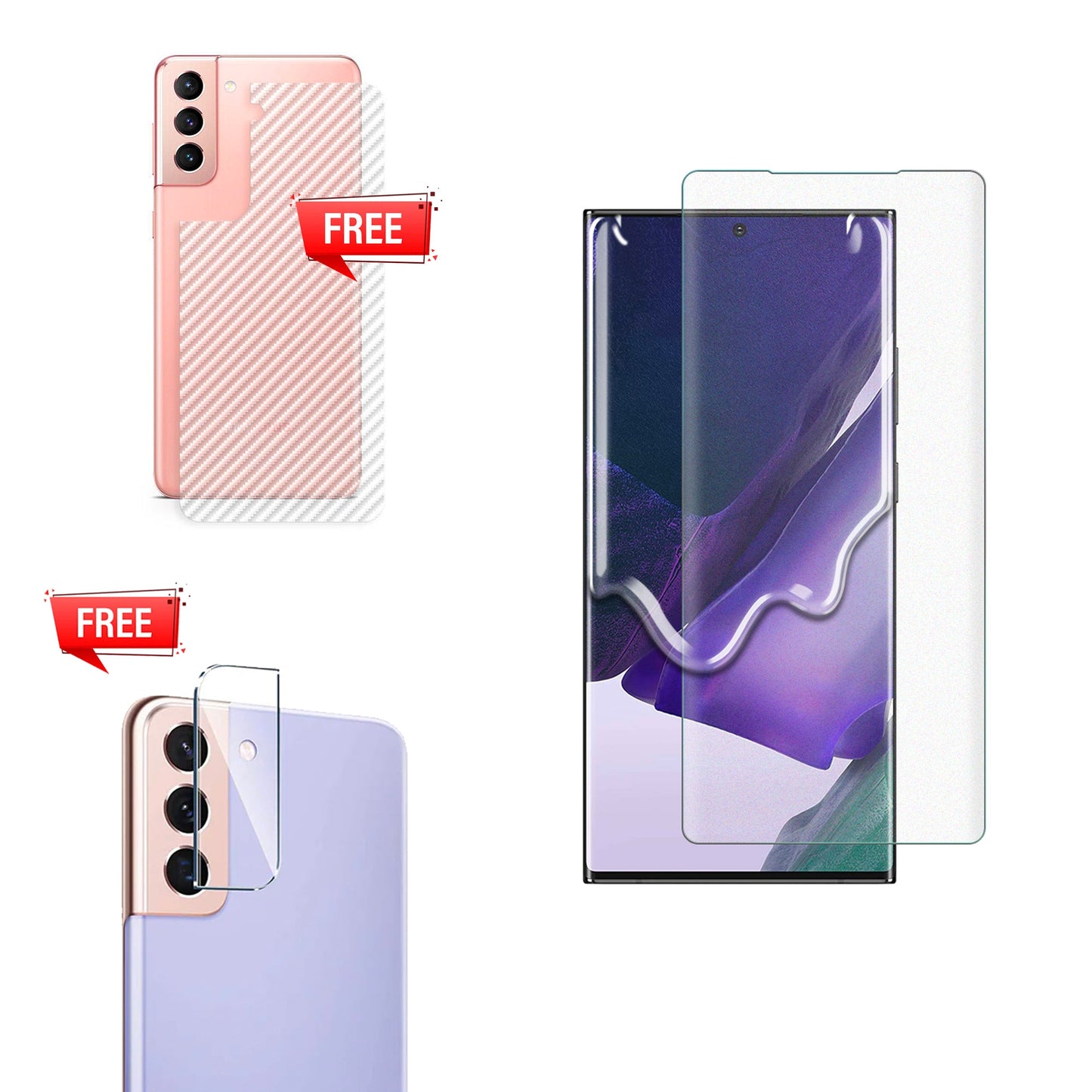 Pack of UV Glue Full Screen Protector Tempered Glass + Carbon Back Sticker and Camera Lens Protection for Samsung S21 Plus