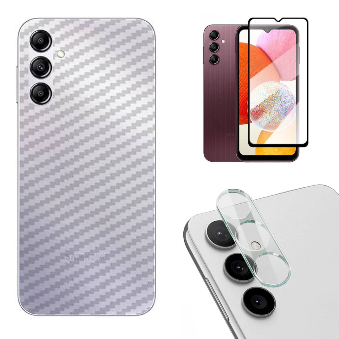 Combo Pack of Tempered Glass Screen Protector, Carbon Fiber Back Sticker, Camera lens Clear Glass Bundle for Samsung A14