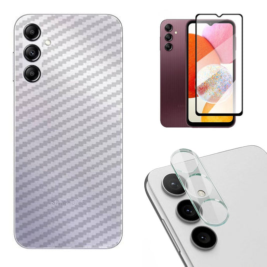Combo Pack of Tempered Glass Screen Protector, Carbon Fiber Back Sticker, Camera lens Clear Glass Bundle for Samsung A14