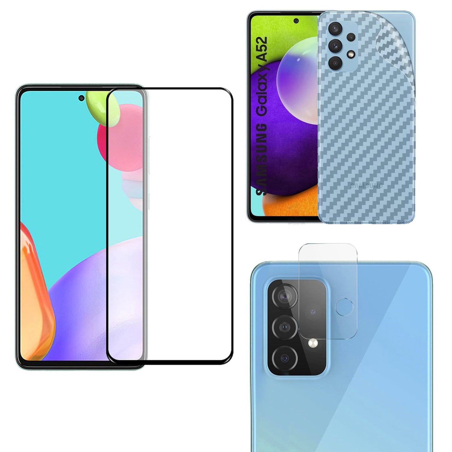 Combo Pack of Tempered Glass Screen Protector, Carbon Fiber Back Sticker, Camera lens Clear Glass Bundel for Samsung A52 / A52s