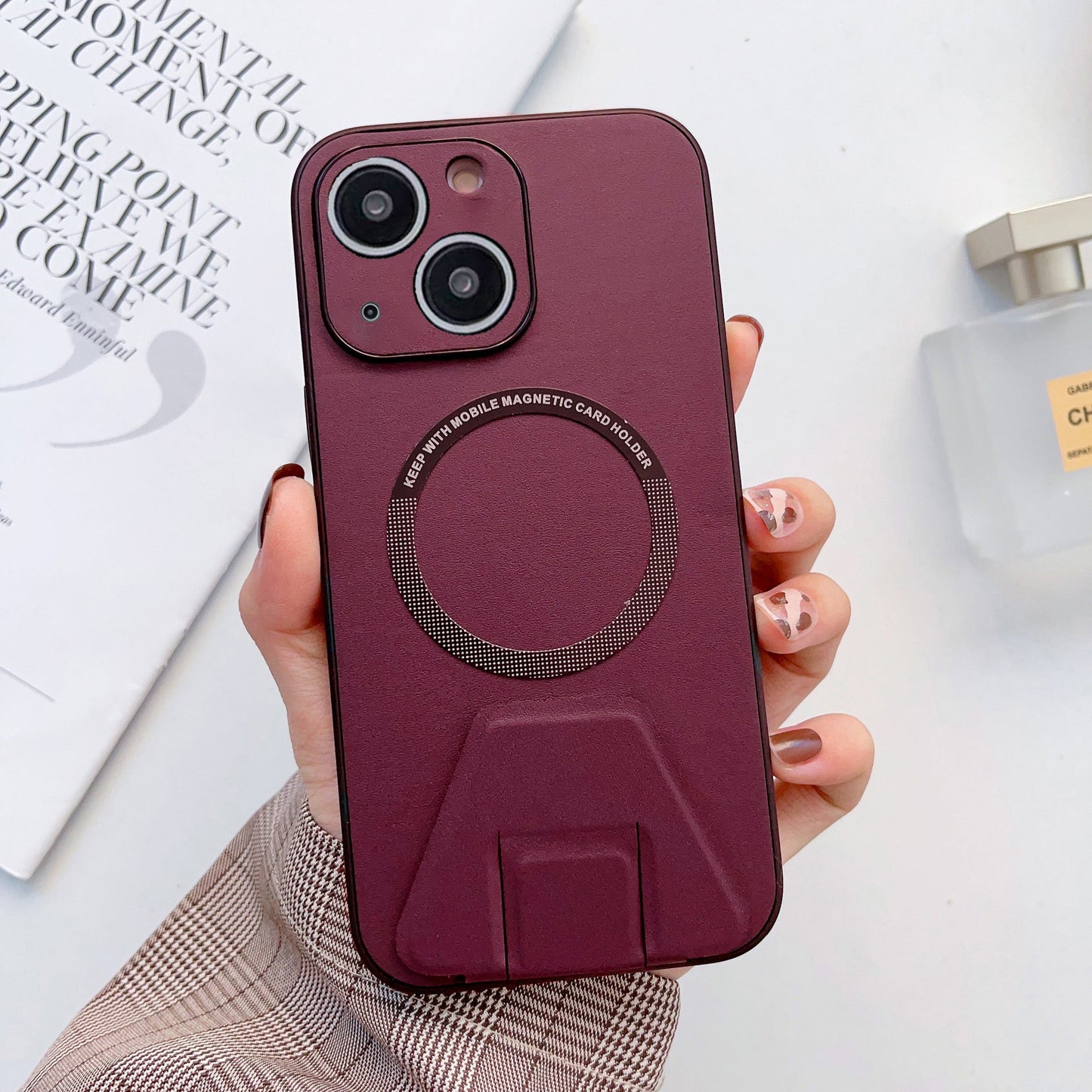iPhone 14 Plus Magsafe Wireless Charging Mobile Phone Leather Case Buckle Ring Stand Back Cover