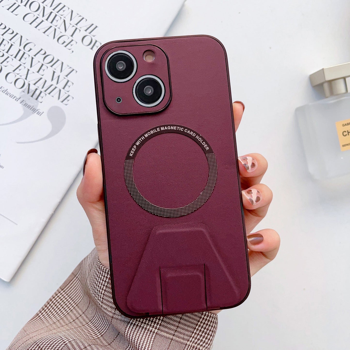 iPhone 14 Plus Magsafe Wireless Charging Mobile Phone Leather Case Buckle Ring Stand Back Cover