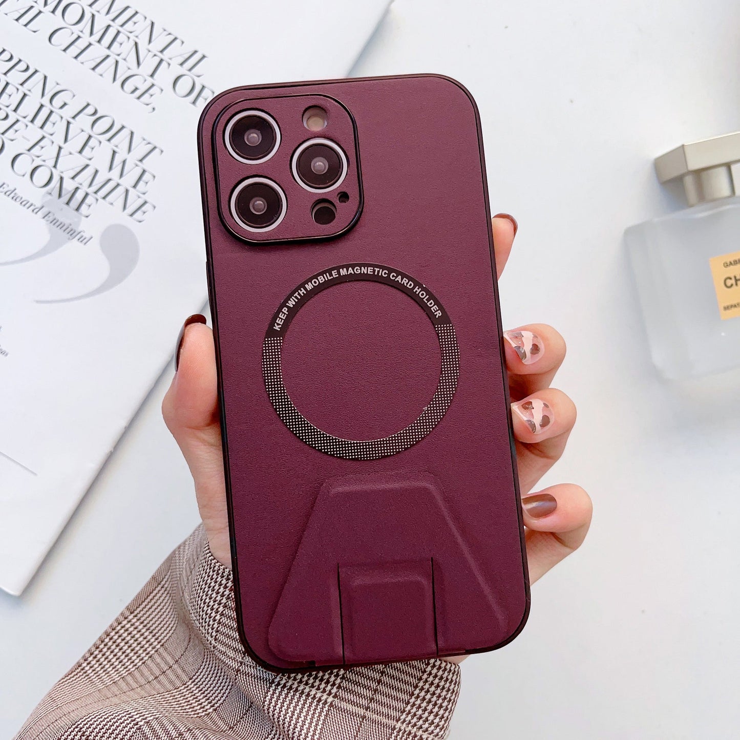 iPhone 14 Pro Magsafe Wireless Charging Mobile Phone Leather Case Buckle Ring Stand Back Cover
